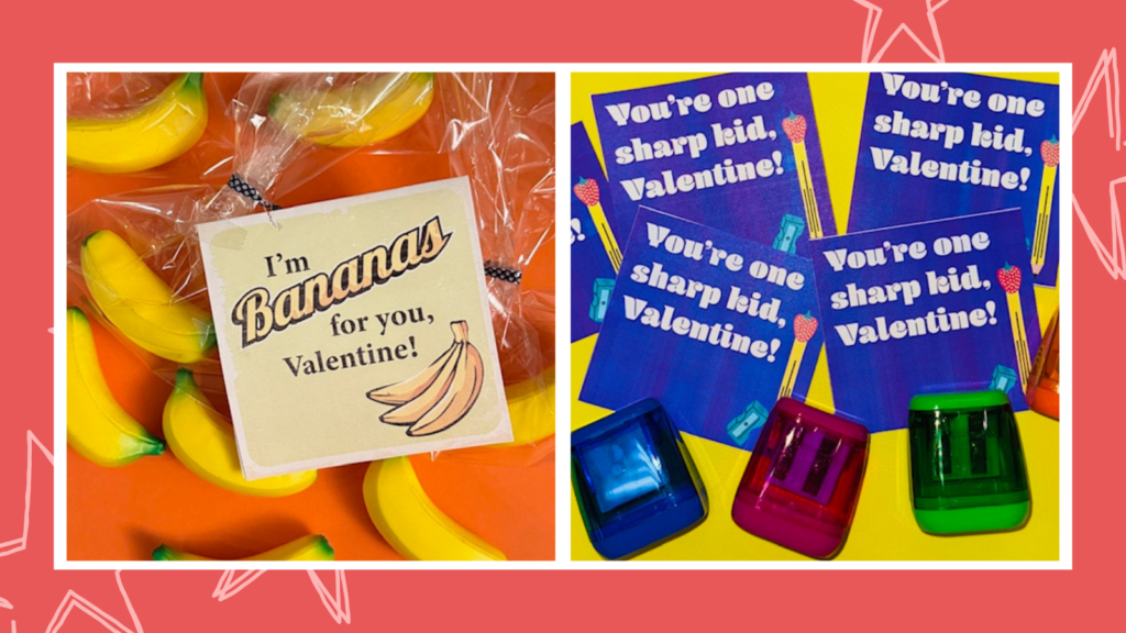 Banana valentines and pencil sharpener valentines for students.