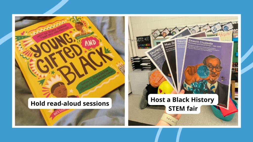 Examples of Black History Month activities including creating a history museum and discovering archaeological monuments