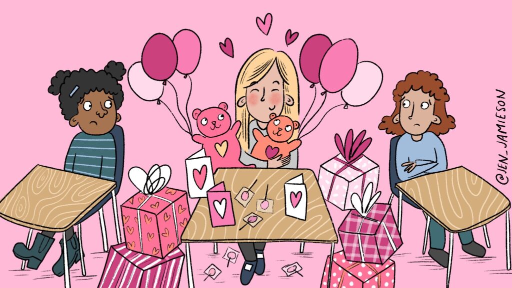 Illustration of distractions caused by school Valentine fundraiser