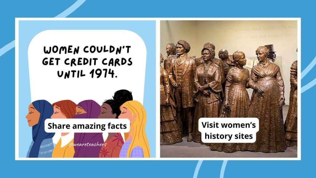 Collage of women's history month activities, including "Share famous facts" and "Visit a women's history site"