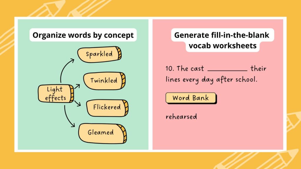 Paired illustrations of 2 ways to use AI for vocabulary instruction