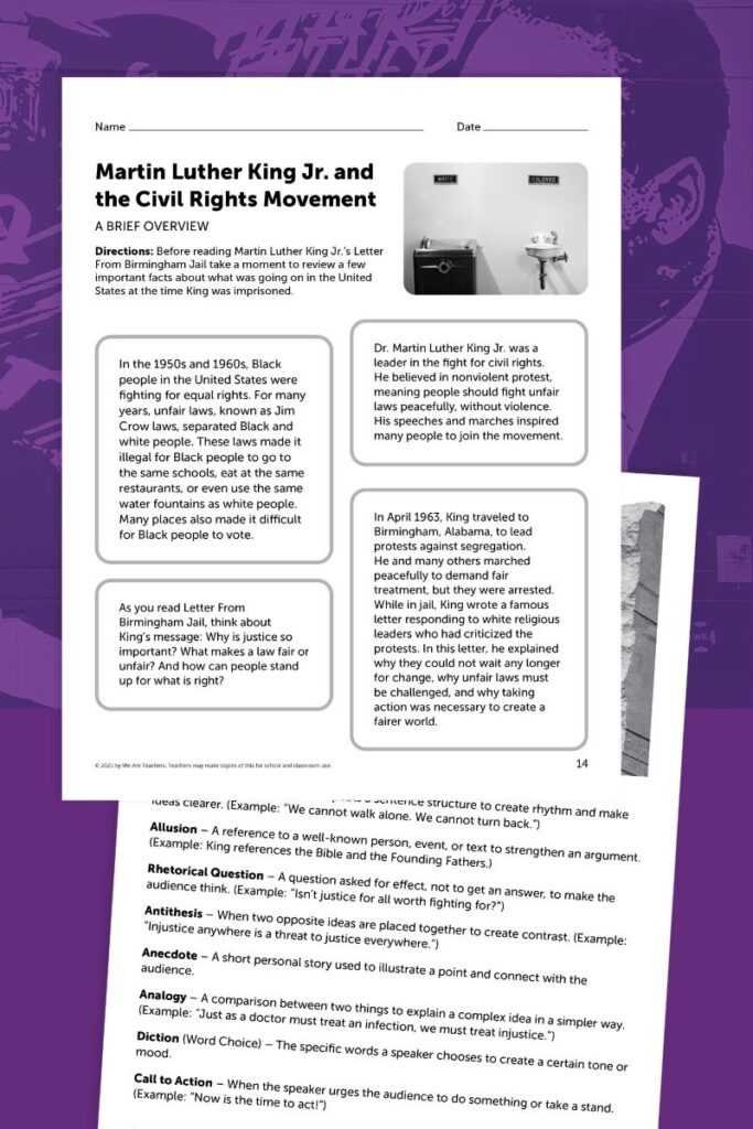 Images of the brief overview of the Letter from Birmingham Jail Worksheet Bundle