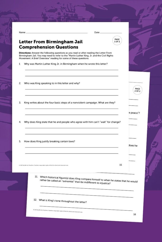 Images from the comprehension questions from the Letter from Birmingham Jail worksheet bundle