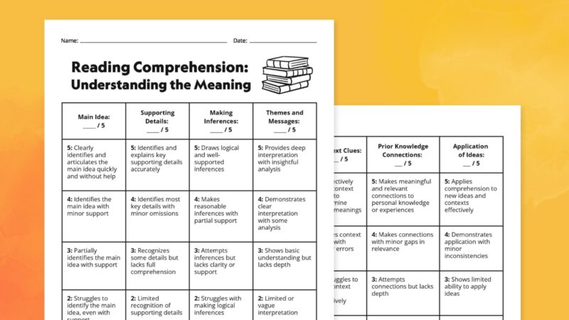Two page reading comprehension rubric