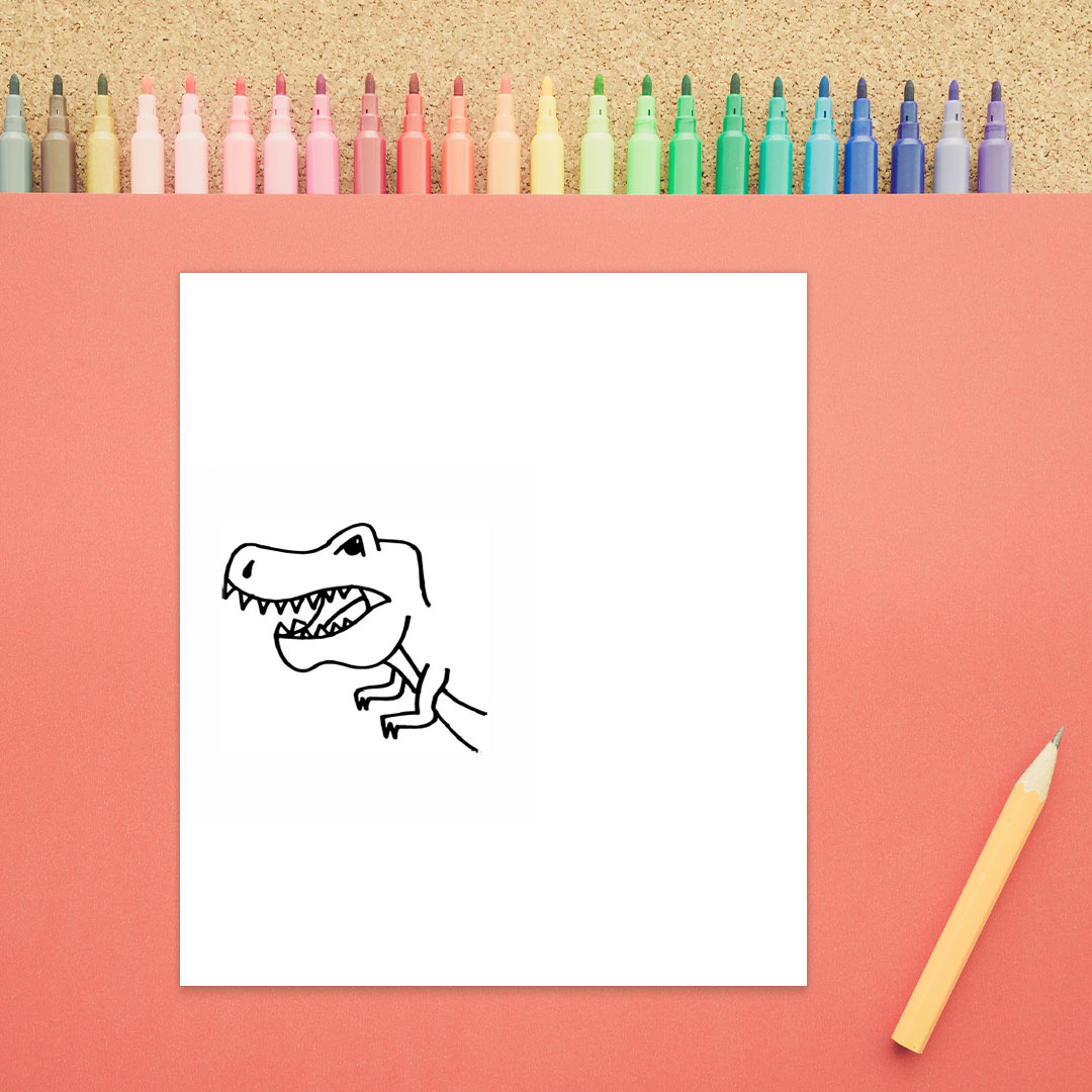 The head of a tyrannosaurus rex is shown with an open mouth and large teeth. The beginning of a body is also shown with two small arms.  