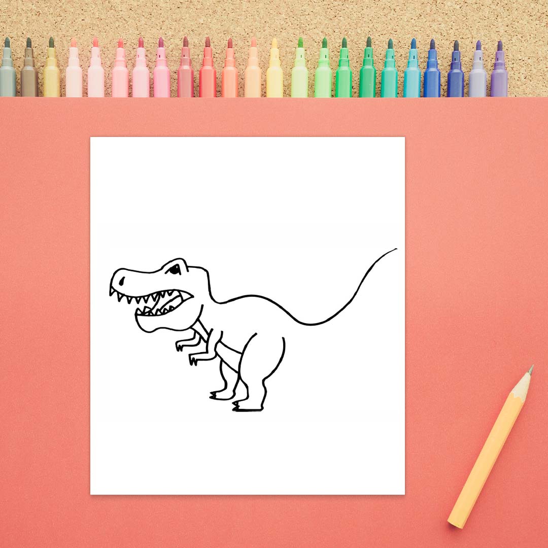 A tyrannosaurus rex head is shown with the four legs and the beginning of the tail in this eighth step in how to draw a dinosaur.