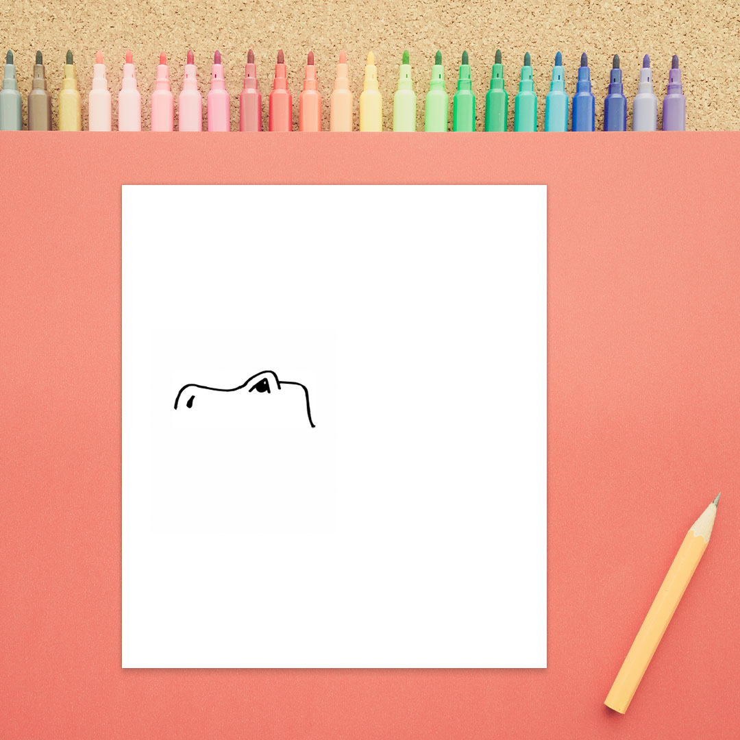 The outline of the top of a dinosaur's head is shown. There is an eye and a long nose in this second step of how to draw a dinosaur.