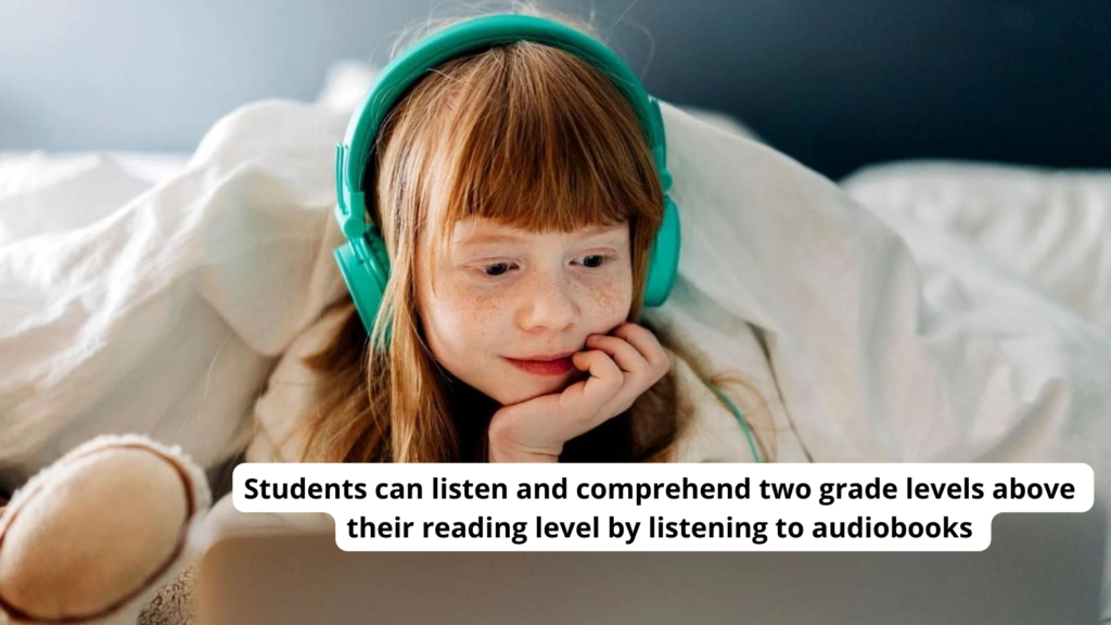 Red haired child with turquoise headphones on along with a quote about the benefits of free audiobooks for kids