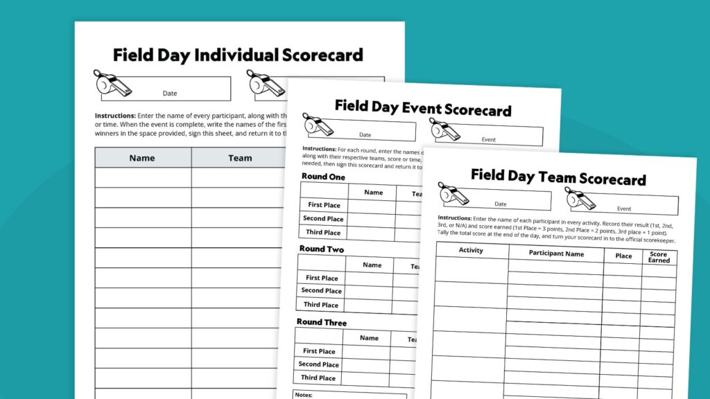 templates of three field day scorecards