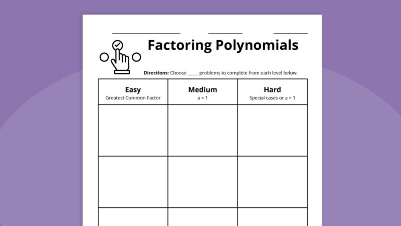 Factoring Polynomials Choice Board
