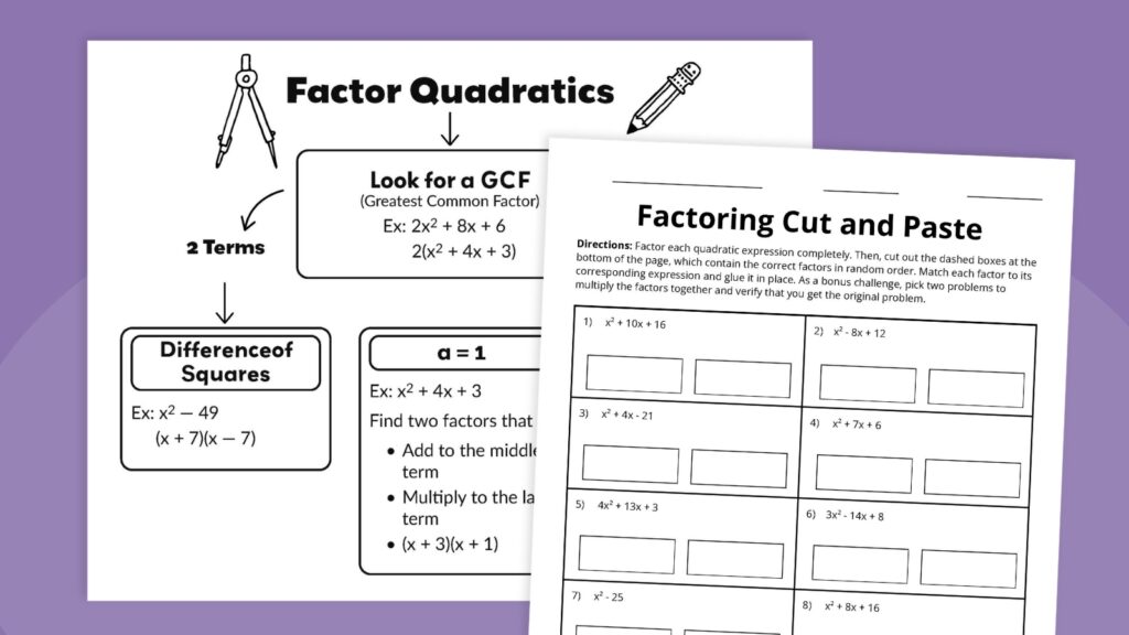 Get my free factoring polynomials printable worksheet bundle!