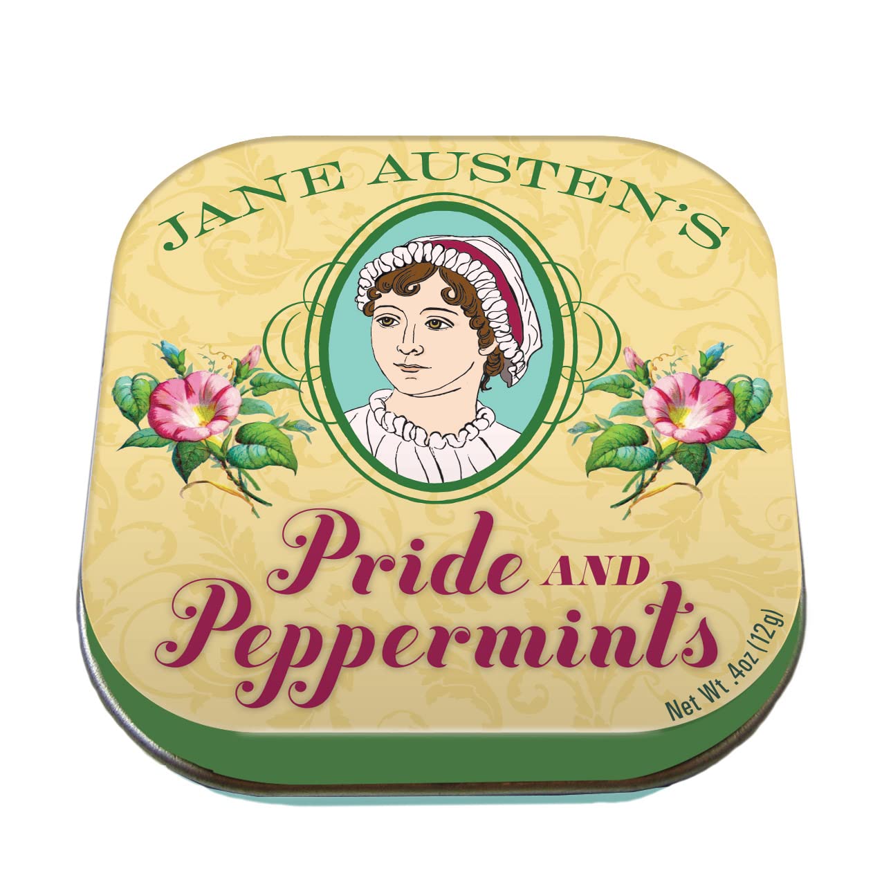 Square tin labeled Jane Austen's Pride and Peppermints
