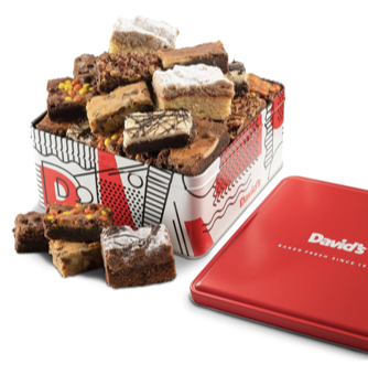 Brownies and cakes in a tin, with a red lid reading "David's"- teacher gifts