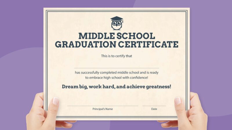 A beige background on a diploma says Middle School Graduation Certificate in large blue letters. There is a tiny owl above the text wearing a graduation cap.