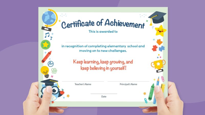 Text at the top of this printable diploma says Certificate of Achievement in big fancy blue writing. The left and right side of the diploma includes imagery like a globe, graduation cap, etc.