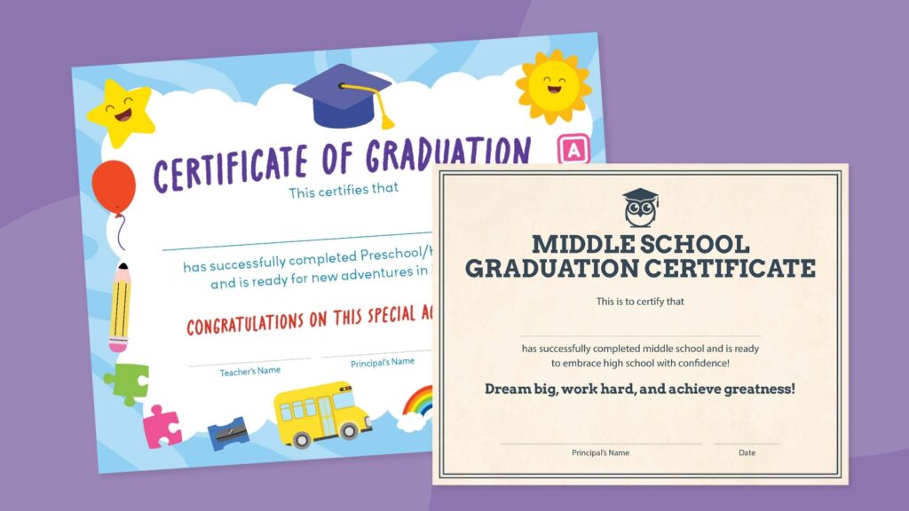 Two diplomas are shown. One is more childish and one is more distinguished looking on a plain beige background.