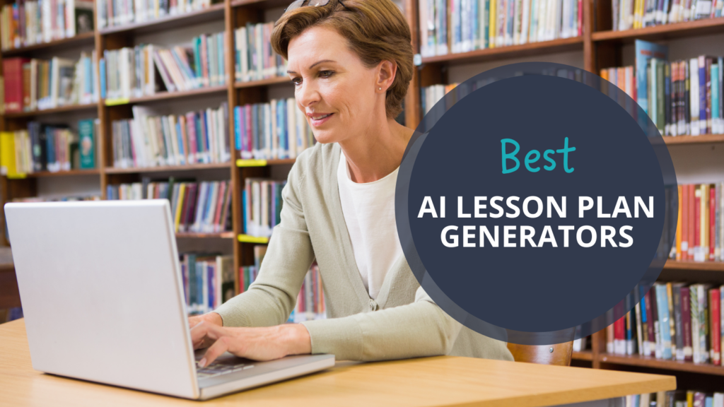 Woman teacher sitting at a table in the school library on her laptop using one of the best AI lesson plan generators.