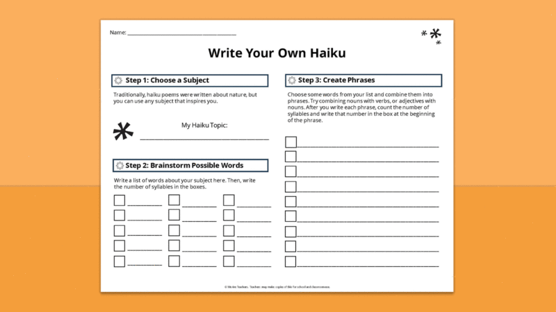 Write-Your-Own-Haiku GIF featuring pages of haiku starter worksheets on orange background.