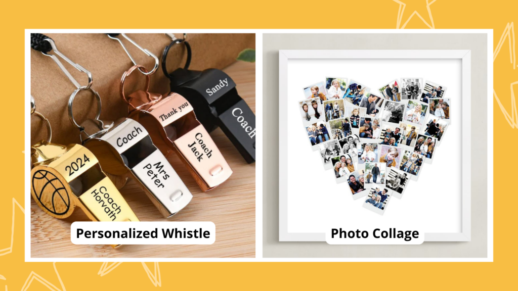 Collage of end-of-year teacher gifts including personalized whistles and a photo collage