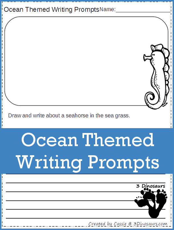 oceanthemedwritingprompts-blog A paper reads Ocean Themed Writing Prompts. There are lines on the bottom of the page and a space to draw at the top (ocean activities)