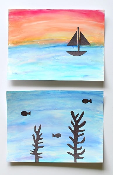 underwaterscene Two paintings are shown of different ocean scenes.