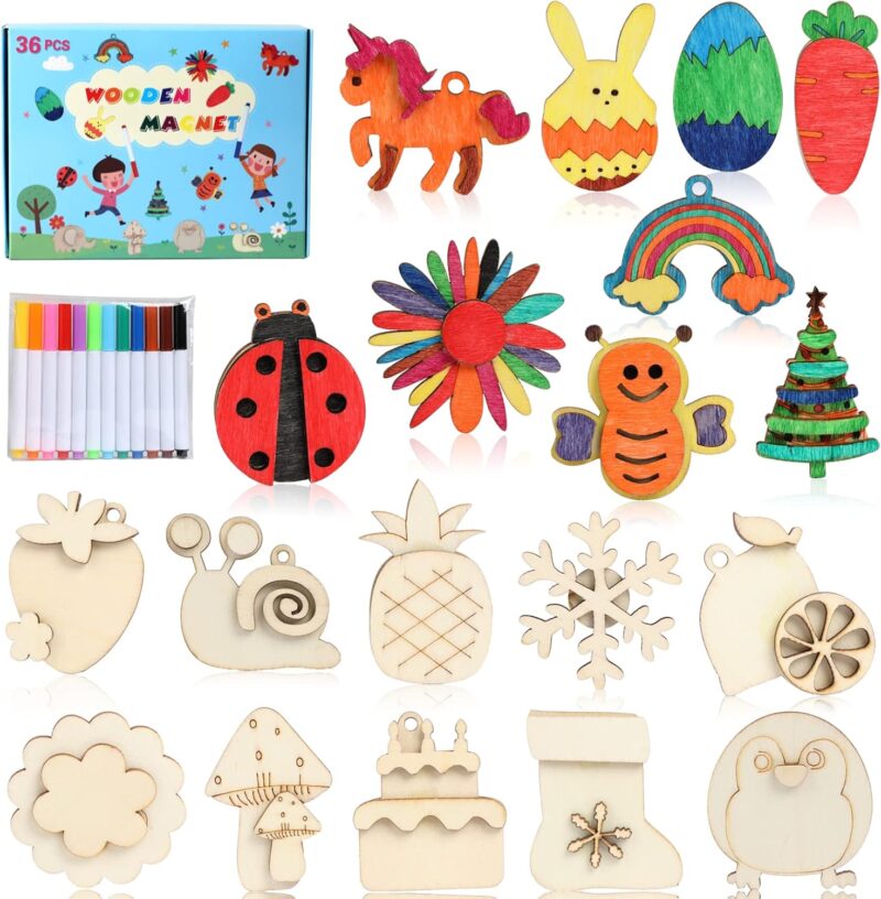 wooden-magnets Wooden magnets in different shapes to use for a DIY paint project as an example of inexpensive gift ideas for students