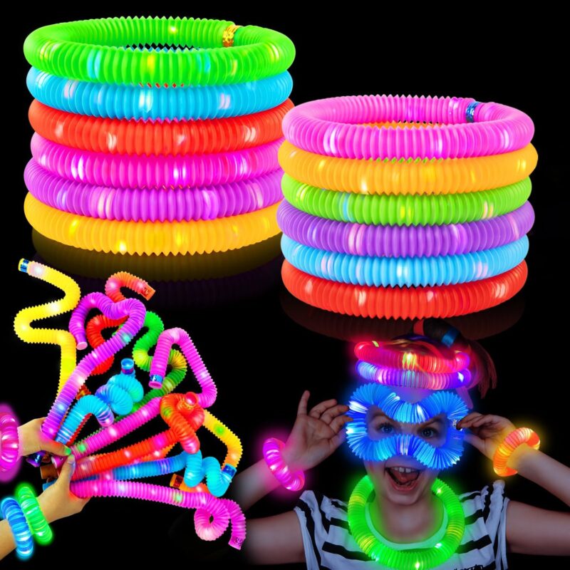 glow-stick-bracelets Colorful neon glow sticks are connected together to create bracelets and more