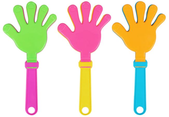 hand-clappers Colorful plastic hand clappers as an example of inexpensive gift ideas for students