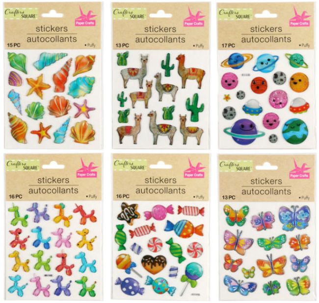 puffy-stickers Assorted packages of puffy stickers in shapes like shells, planets, and butterflies as an example of inexpensive gift ideas for students