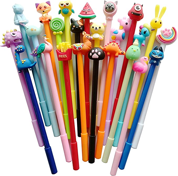 gel-ink-pens Assorted colorful gel ink pens with novelty toppers as an example of inexpensive gift ideas for students