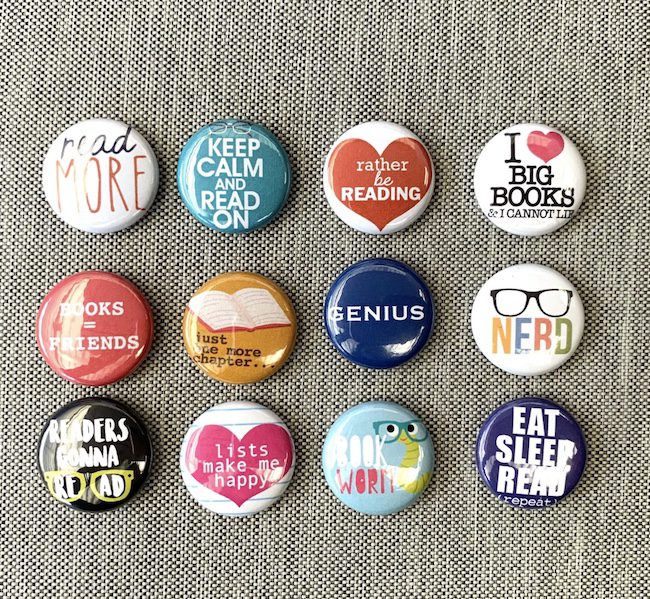 book-lover-pins Buttons with phrases about loving to read as an example of inexpensive gift ideas for students