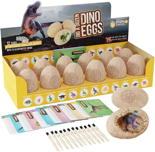 dino-eggs Dinosaur eggs with excavating tools and small plastic dinosaur inside (Inexpensive Gift Ideas for Students)