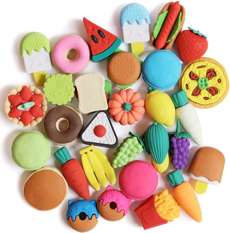 food-erasers Tiny rubber erasers in the shape of food as an example of inexpensive gift ideas for students