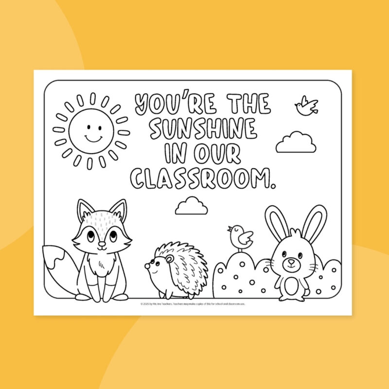 Teacher Appreciation Coloring Page – Sunshine Teacher Appreciation coloring page on yellow background that says, You're the Sunshine in Our Classroom.