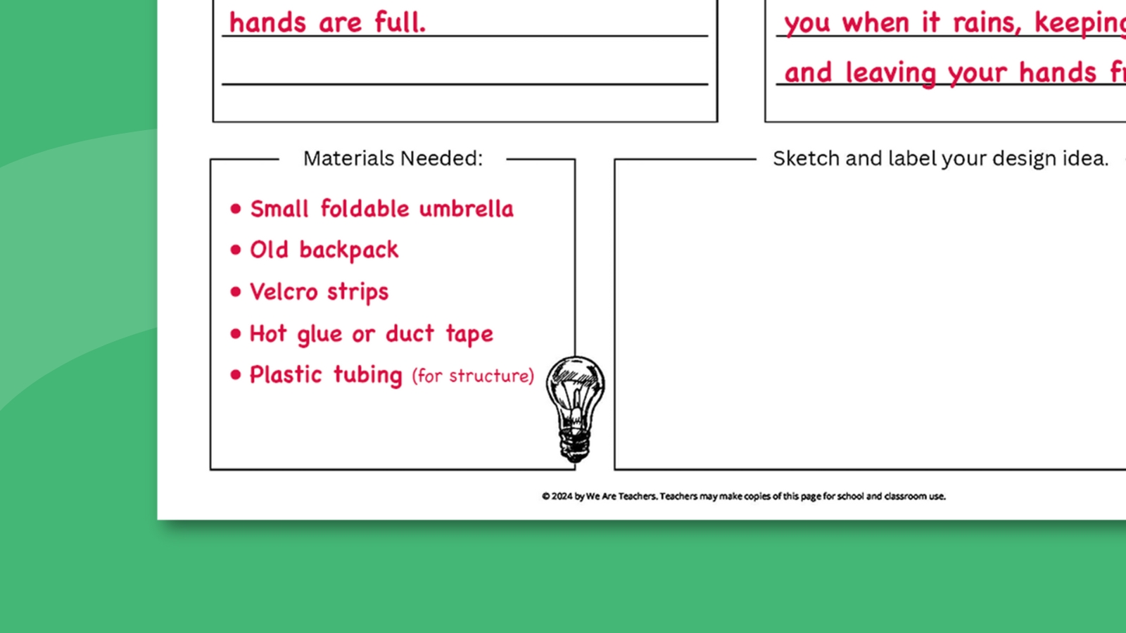 Design an Invention Worksheet (Free Printable) Image of the invention worksheet question filled out with a sample idea