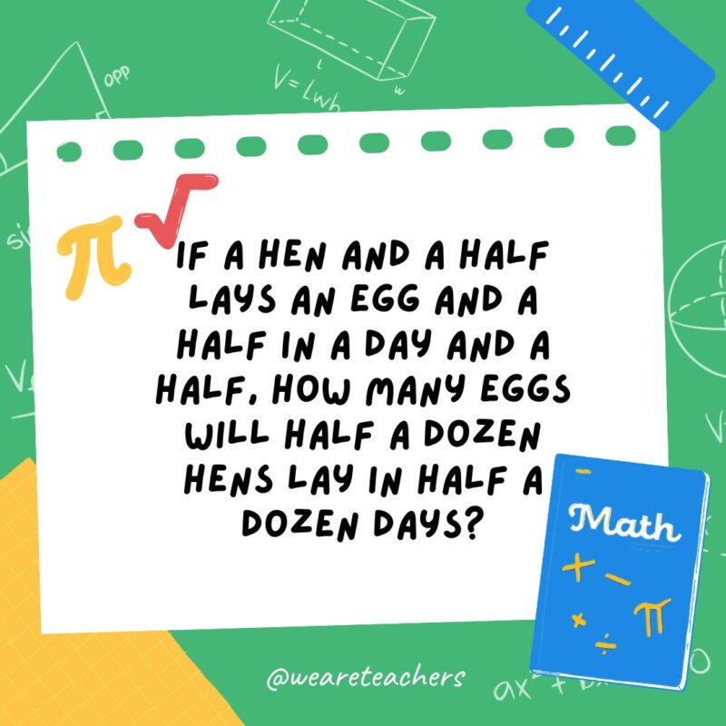 3. If a hen and a half lays an egg and a half in a day and a half, how many eggs will half a dozen hens lay in half a dozen days? 3. If a hen and a half lays an egg and a half in a day and a half, how many eggs will half a dozen hens lay in half a dozen days?- math brain teasers