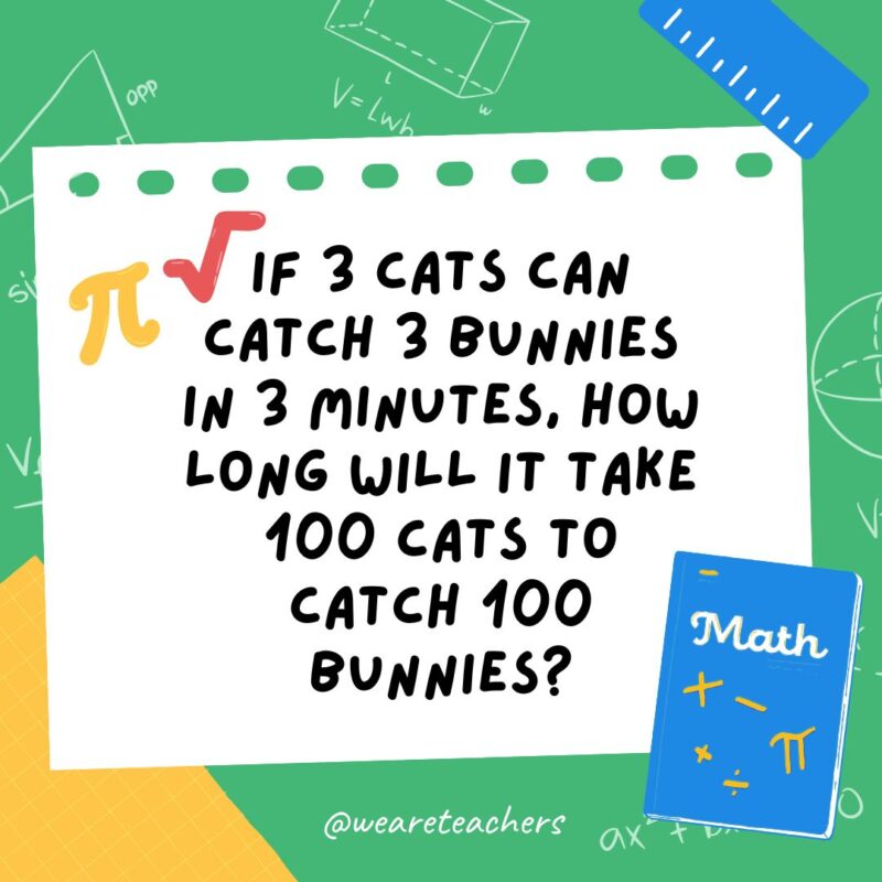 8. If 3 cats can catch 3 bunnies in 3 minutes, how long will it take 100 cats to catch 100 bunnies? 8. If 3 cats can catch 3 bunnies in 3 minutes, how long will it take 100 cats to catch 100 bunnies?- math brain teasers