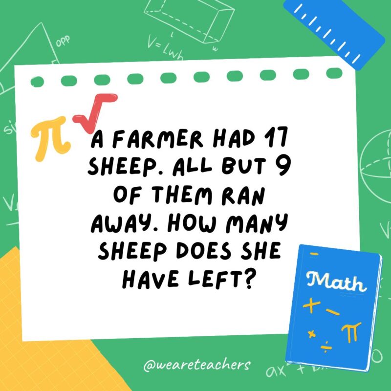 5. A farmer had 17 sheep. All but 9 of them ran away. How many sheep does she have left? 5. A farmer had 17 sheep. All but 9 of them ran away. How many sheep does she have left?