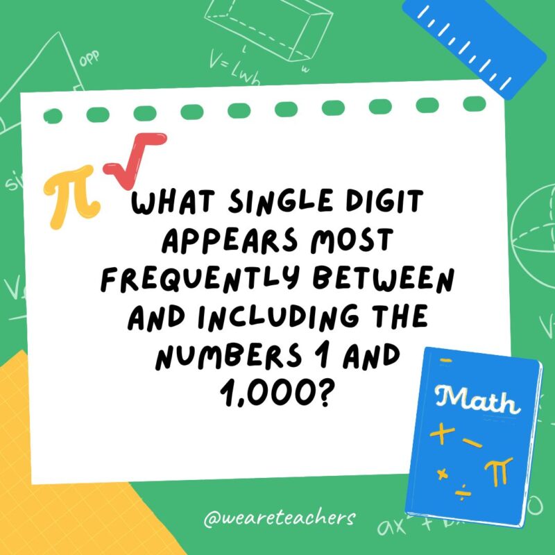 10. What single digit appears most frequently between and including the numbers 1 and 1,000? 10. What single digit appears most frequently between and including the numbers 1 and 1,000?- math brain teasers