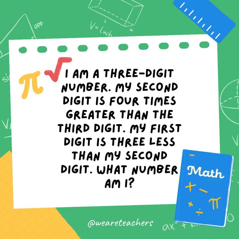 28. I am a three-digit number. My second digit is four times greater than the third digit. My first digit is three less than my second digit. What number am I? 28. I am a three-digit number. My second digit is four times greater than the third digit. My first digit is three less than my second digit. What number am I?- math brain teasers