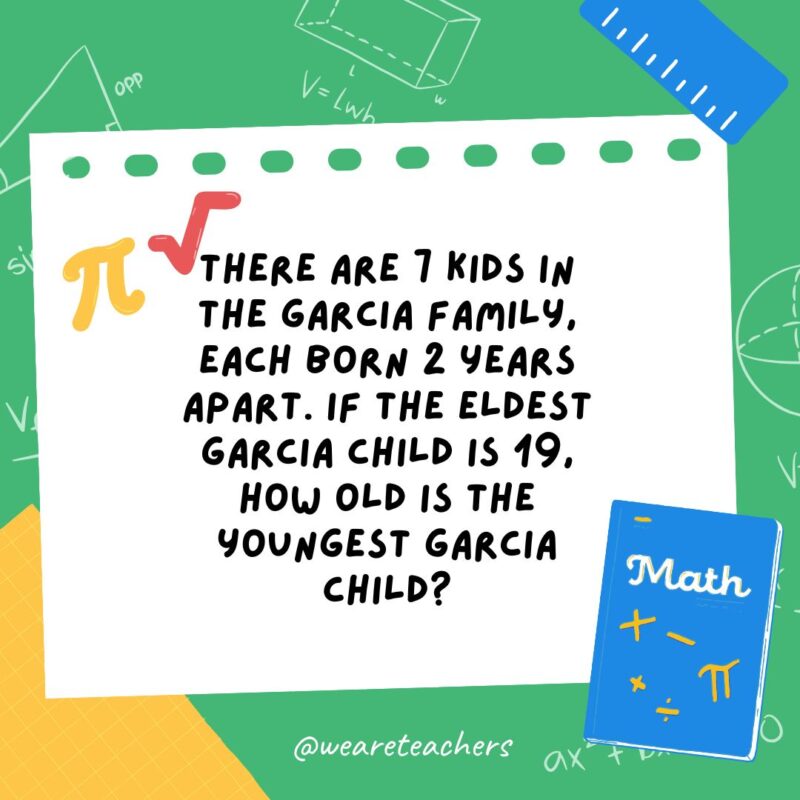 25. There are 7 kids in the Garcia family, each born 2 years apart. If the eldest Garcia child is 19, how old is the youngest Garcia child? 25. There are 7 kids in the Garcia family, each born 2 years apart. If the eldest Garcia child is 19, how old is the youngest Garcia child?- math brain teasers