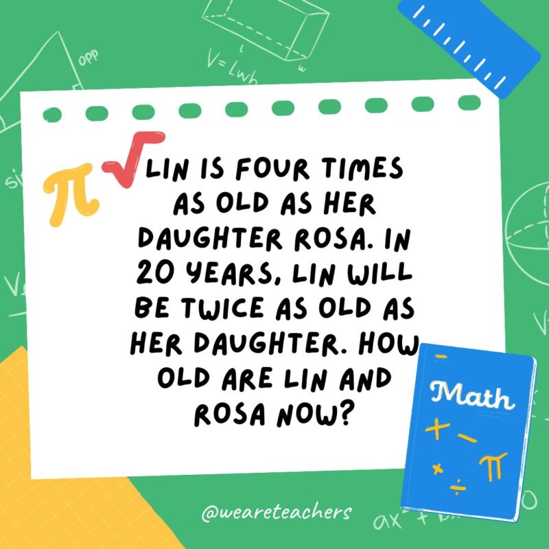 Lin is four times as old as her daughter Rosa. In 20 years, Lin will be twice as old as her daughter. How old are Lin and Rosa now? Lin is four times as old as her daughter Rosa. In 20 years, Lin will be twice as old as her daughter. How old are Lin and Rosa now?