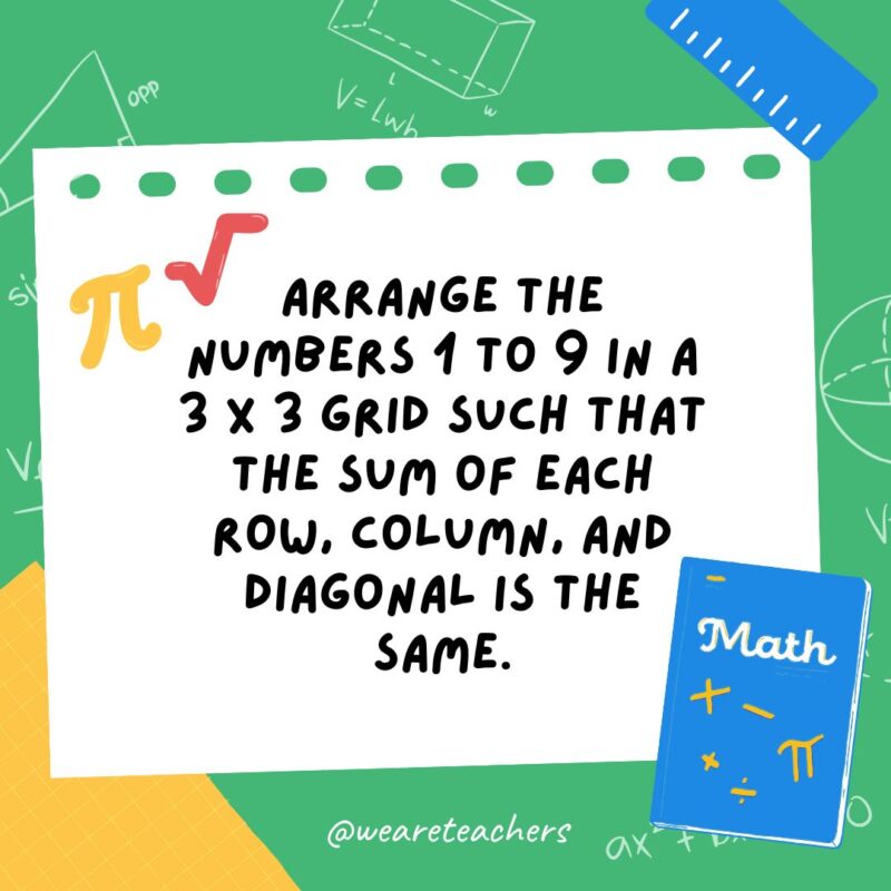 Arrange the numbers 1 to 9 in a 3 x 3 grid such that the sum of each row, column, and diagonal is the same. Arrange the numbers 1 to 9 in a 3 x 3 grid such that the sum of each row, column, and diagonal is the same.- math brain teasers