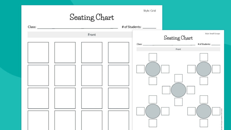 Printable seating charts with grid layout and round tables with four chairs.