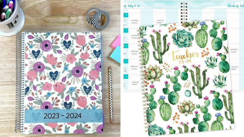Best Teacher Planners Cacti teacher planner on desk and Floral teacher planner on desk.