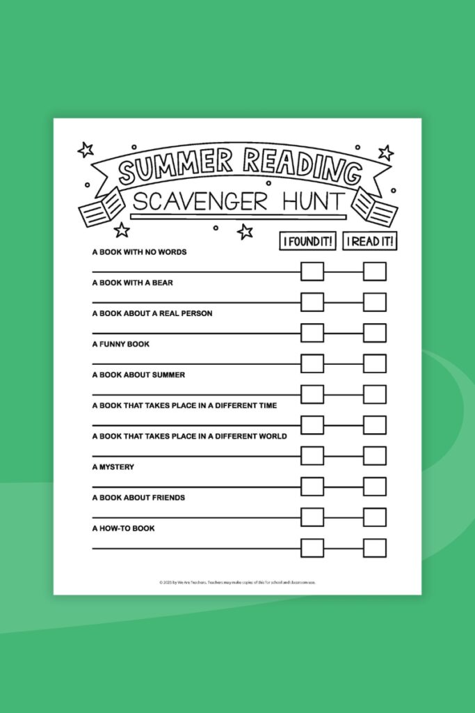 Summer Reading Scavenger Hunt printable worksheet