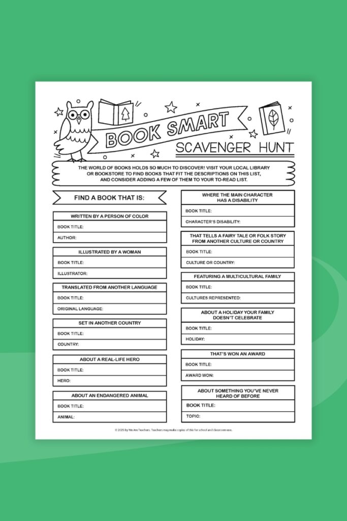 Book Scavenger Hunt printable worksheet