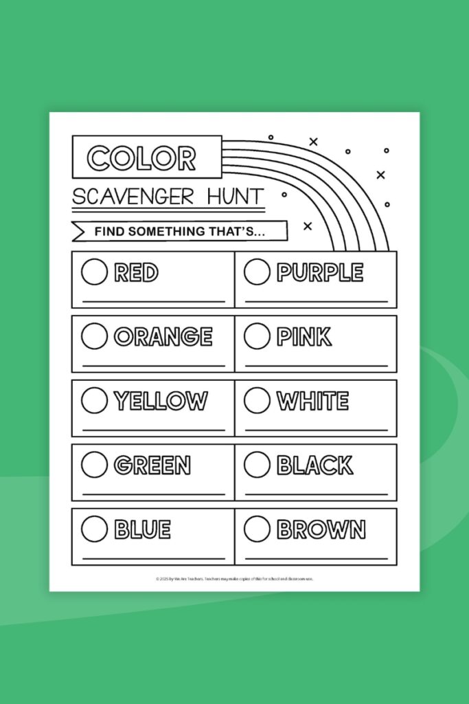 Colors scavenger hunt printable worksheet