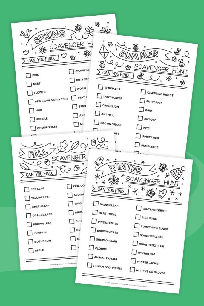 Four printable scavenger hunts, one for each season