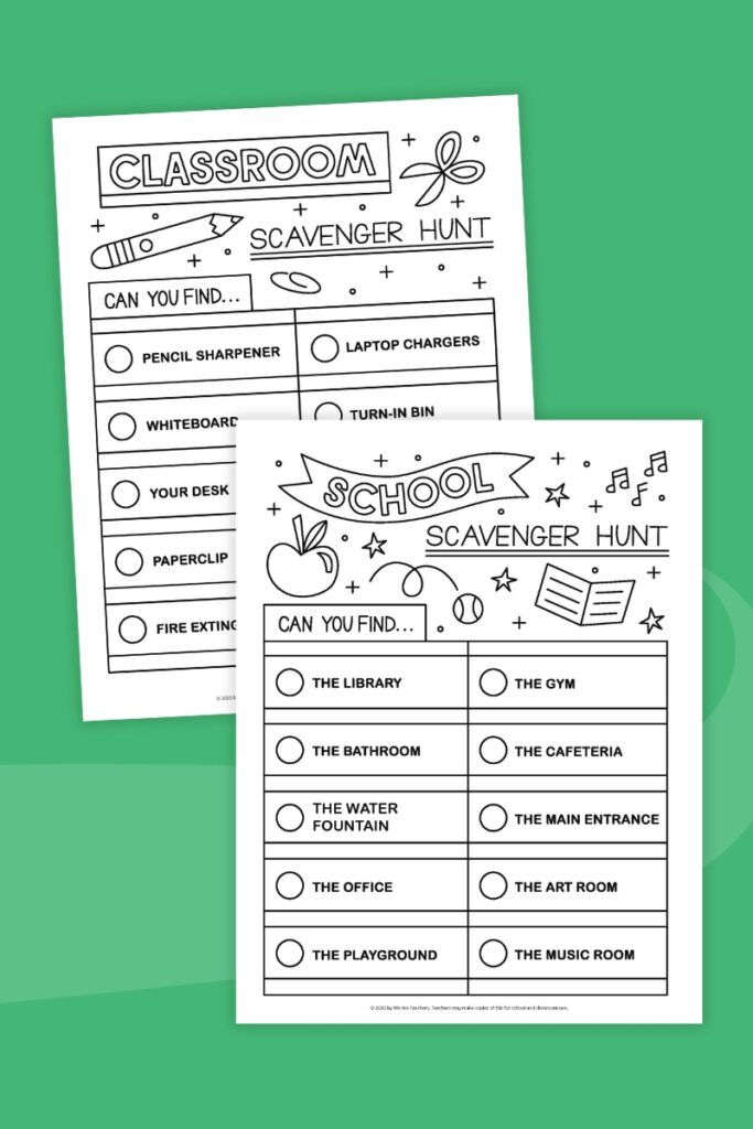 Two printable scavenger hunts, one for school and one for the classroom